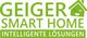 Grünes Logo mit Text: "Geiger Smart Home - Intelligente Lösungen", Haus-Icon mit Gesicht.