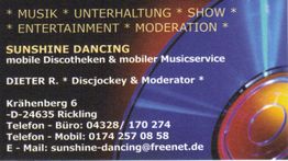 Visitenkarte von Sunshine Dancing mit Kontaktdaten und Informationen zu mobilen Discotheken.