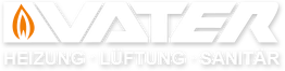 Logo mit Text: "VATER Heizung, Lüftung, Sanitär", Flammensymbol links neben "VATER".