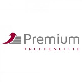 Logo von "Premium Treppenlifte" mit rotem Pfeil und grauen Stufen.