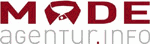 Logo mit roter Krawatte im Schriftzug "MODE" und Text "agentur.info" in Grau.