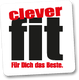 Logo mit Schriftzug "clever fit" und Slogan "Für Dich das Beste." in Schwarz und Rot.