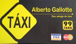 Cartão de táxi com nome, logotipo, e ícones de Visa e MasterCard.