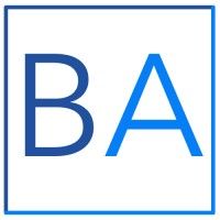 "Letters 'BA' in blue within a blue square border on white background."