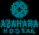 El logotipo del Hostal Azahara con diseño decorativo en azul sobre fondo blanco.