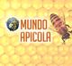Abeja sobre panal con texto "Mundo Apícola". Fondo amarillo hexagonal.