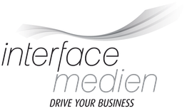Logo von Interface Medien mit Slogan "Drive Your Business" und stilisiertem Band oben.