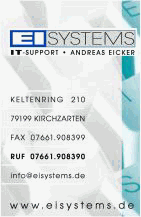 Visitenkarte von EISYSTEMS mit Adresse, Telefon- und Faxnummer sowie E-Mail und Website.