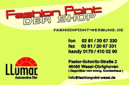 "Gelbe Visitenkarte von Fashion Point mit Kontaktdaten und Logo LLumar Automotive Film."