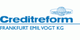 Creditreform Frankfurt Emil Vogt KG Logo in Blau mit einem stilisierten Globus darüber.