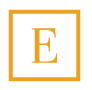 A yellow letter "E" in a square border on a black background.