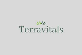 "Terravitals logo with green leaf design over the text on a light gray background."