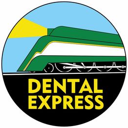 Logo of a green vintage train with "Dental Express" in bold yellow text below.