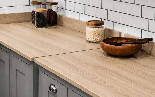 Encimera de cocina laminada en tono claro con acabado uniforme y resistente, acompañada de tarros de vidrio con alimentos y un bol de madera sobre muebles blancos y salpicadero de azulejos.