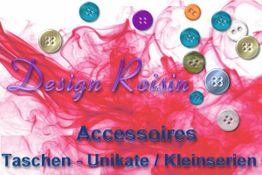 Bunte Knöpfe auf rotem Hintergrund mit dem Text "Design Roisin, Accessoires, Taschen - Unikate/Kleinserien".