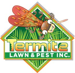 Termite Lawn & Pest Inc. logo featuring a cartoon termite with leafy background.
