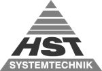 Logo mit Pyramide und Text "HST Systemtechnik" darunter in grauen und schwarzen Farben.