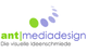 Logo von "ant media design" mit dem Slogan "Die visuelle Ideenschmiede" und grafischen Elementen.