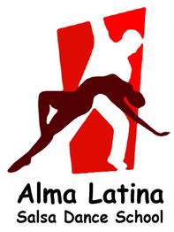Logo der Alma Latina Salsa Tanzschule mit tanzenden Silhouetten in Rot.