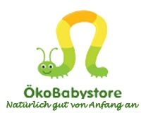 Logo von ÖkoBabystore mit grün-gelber Raupe und Text "Natürlich gut von Anfang an".