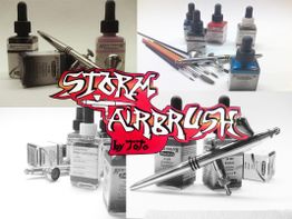 Airbrush-Set mit Tintenflaschen, Pinseln und Sturm-Airbrush-Schriftzug in der Mitte.