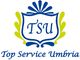 Logo di "Top Service Umbria" con iniziali "TSU" in uno stemma blu e verde.
