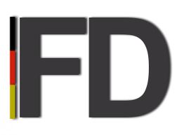Schwarze Buchstaben "FD" mit deutscher Flagge als vertikale Linie links.