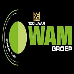 Logo van WAM Groep, met tekst "100 jaar" en "Sinds 1920", groene cirkel en kroon bovenaan.