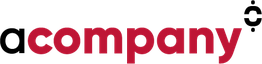Logotipo de "acompany" con texto negro y rojo, y círculo negro sobre la "y".