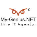 Logo von My-Genius.NET mit einer stilisierten Eule, Text "Ihre IT Agentur" darunter.