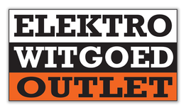 Tekst op afbeelding: "ELEKTRO WITGOED OUTLET" in zwart, wit en oranje blokken.