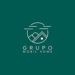 Logotipo de Grupo Mobil Home con montaña y sol en fondo verde.