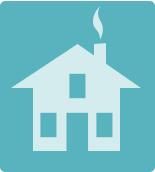 Grafik eines weißen Hauses mit Schornstein auf blauem Hintergrund.