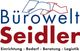 Bürowelt Seidler Logo mit Text: Einrichtung, Bedarf, Beratung, Logistik. Papiere oben dargestellt.