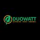 Logo di Duowatt: foglia con fulmine, testo "Distributore Energie Rinnovabili". Sfondo nero.