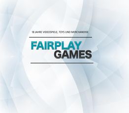 Text "Fairplay Games" auf blau-weißem Hintergrund, Hinweis auf 18 Jahre Videospiele und Merchandise.