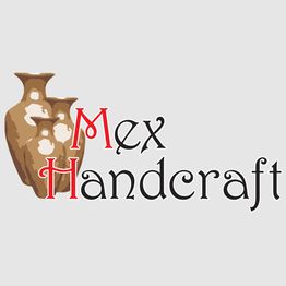 Tres jarrones de cerámica junto al texto "Mex Handcraft" en un diseño de estilo artesanal.
