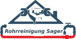 Männliche Hand hält Schraubenschlüssel; darunter Text: "Rohrreinigung Sager" zwischen Rohren.