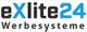 Logo mit Schriftzug "eXlite24 Werbesysteme" in blauer und schwarzer Schrift auf weißem Hintergrund.