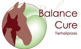 Logo der Balance Cure Tierheilpraxis mit Silhouetten von Hund und Pferd vor einem grünen Kreis.