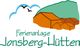 Logo der Ferienanlage Jonsberg-Hütten, grüne Schrift, Hütten und Vögel vor einem Hügel.
