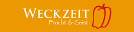 Orangefarbener Hintergrund mit Text "Weckzeit Frucht & Geist" und roter Paprikaskizze.