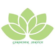 Logotipo com imagem de flor verde estilizada e o texto "Gardener Service" embaixo.