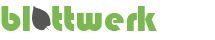 Logo mit grünem Schriftzug "Blattwerk", wobei das "a" eine schwarze Blatt-Silhouette enthält.