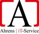 Logo von Ahrens iT-Service: Großes schwarzes "A" mit rotem Rahmen, Text darunter.