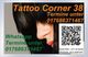 Frau mit Haaren im Gesicht, Text: Tattoo Corner 38, Kontakt über WhatsApp, QR-Code für Website.