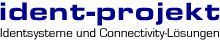 Logo mit Text "ident-projekt, Identysteme und Connectivity-Lösungen" in blauem Schriftzug.