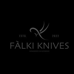 Schwarzes Logo mit "Fälki Knives" und einem stilisierten Messer, gegründet 2022 in Deutschland.