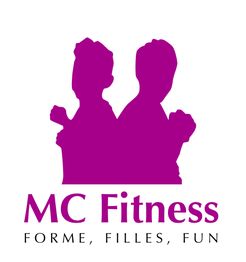Deux silhouettes violettes dos à dos avec le texte "MC Fitness, Forme, Filles, Fun".