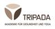 Logo von Tripada, Akademie für Gesundheit und Yoga, mit dreiteiligem Symbol in Brauntönen.